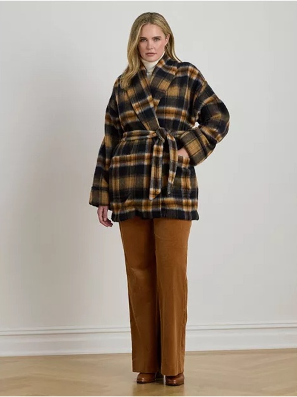 Lauren Ralph Lauren Black and Brown Plaid Teddy Wrap Jacket